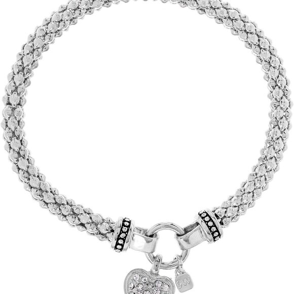 Elegant Women's Silver Tone Crystal Pave Heart Stretch Bracelet for Chic Style - Picture 1 of 2